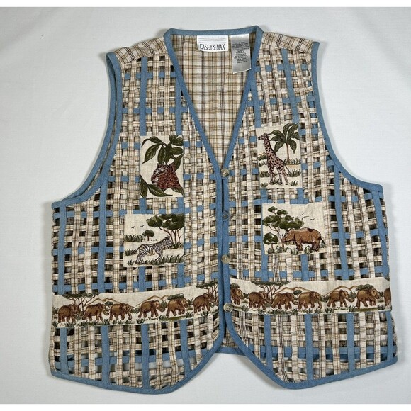 VTG Casey And Max African Safari Plaid Lattice Animal Motif Vest Womens SZ Large - Picture 1 of 14